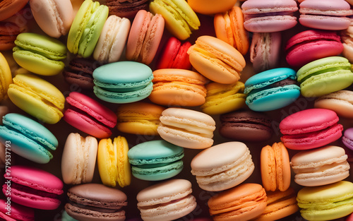 Brightly colored macarons in a row against a pastel background, symbolizing sweetness and indulgence photo