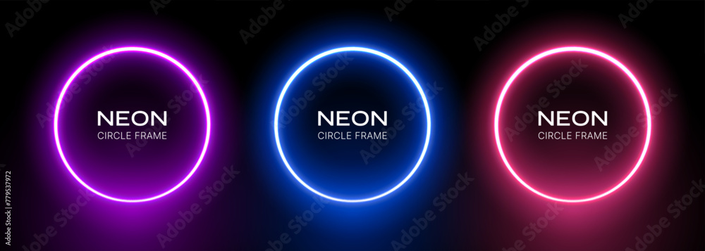 Round neon light frame. Ring abstract gradient led border. Blue, pink and violet laser circles on a black background. Bright electric vector set of spheres templates. Round neon light frame. Ring abstract gradient led border. Blue, pink and violet laser circles on a black background. Bright electric vector set of spheres templates.