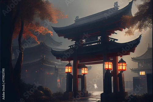 AI generated illustration of a Japanese shrine with glowing lamps at night - a religious concept photo