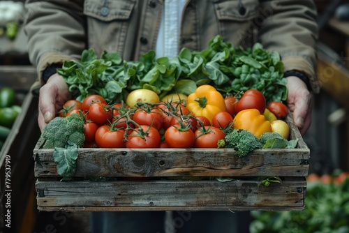 A person is holding a wooden crate full of vegetables  including tomatoes