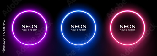 Round neon light frame. Ring abstract gradient led border. Blue, pink and violet laser circles on a black background. Bright electric vector set of spheres templates. photo