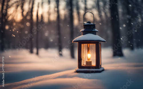 Glowing lantern on a snowy evening against a defocused forest background, symbolizing warmth and winter magic © julien.habis