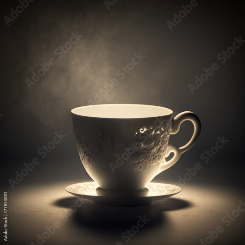 AI generated illustration of a ceramic coffee cup with a matching saucer, and beautiful ornaments