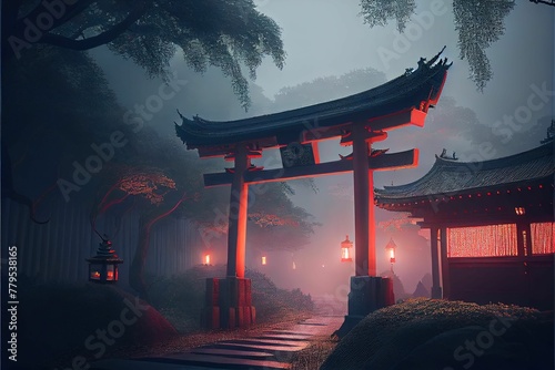 AI generated illustration of hyper-realistic torii gates near a house in the evening