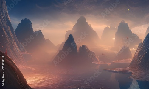 AI generated illustration of rocky hills on the bank of a river at sunset photo