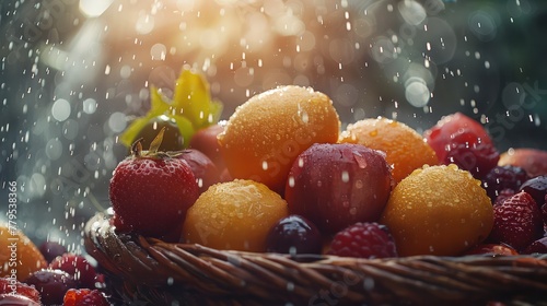 juicy fresh fruits and vegetables in the basket, rays of the sun, dew drops, close-up