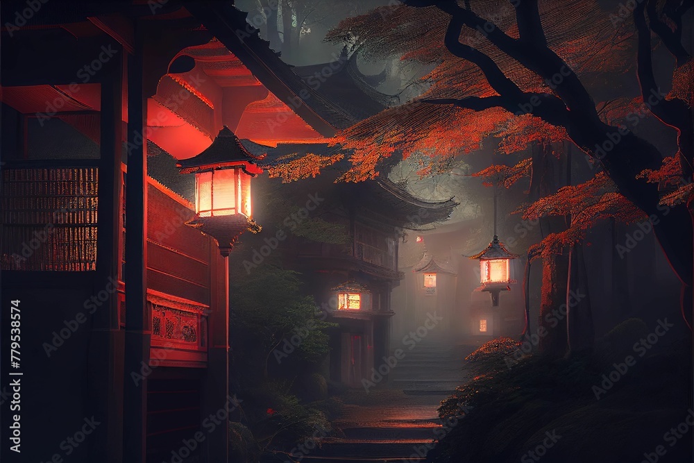 AI generated illustration of hyper-realistic japanese houses and lit lanterns in the evening AI generated illustration of hyper-realistic japanese houses and lit lanterns in the evening