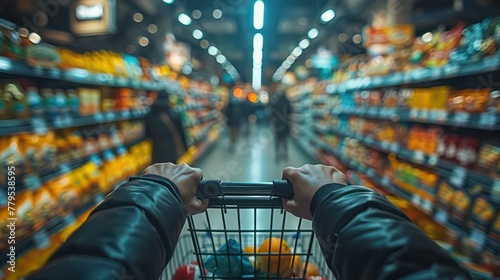 A Person pushing a shopping cart, grocery store aisle, everyday life, focus on hands and cart photo