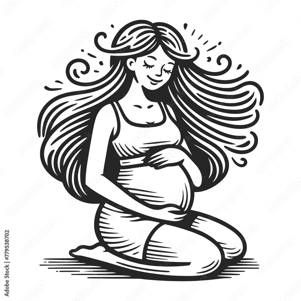 Serene happy pregnant woman cradling her belly, with hair flowing in the wind sketch engraving generative ai fictional character raster illustration. Scratch board imitation. Black and white image. Serene happy pregnant woman cradling her belly, with hair flowing in the wind sketch engraving generative ai fictional character raster illustration. Scratch board imitation. Black and white image.