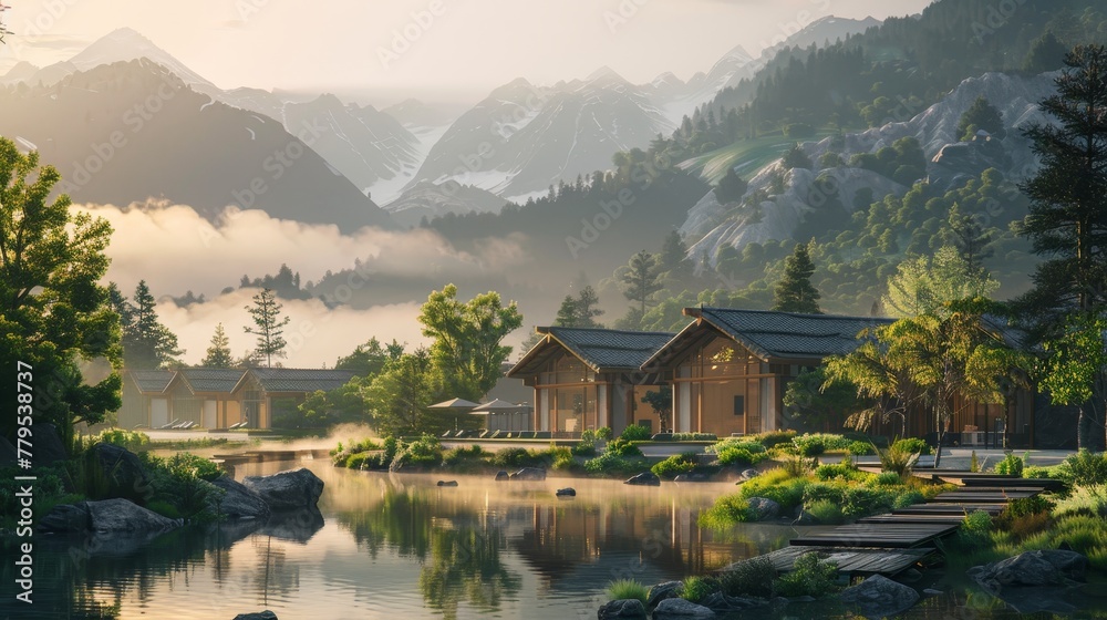 A tranquil image of a healthcare retreat in the mountains  AI generated illustration