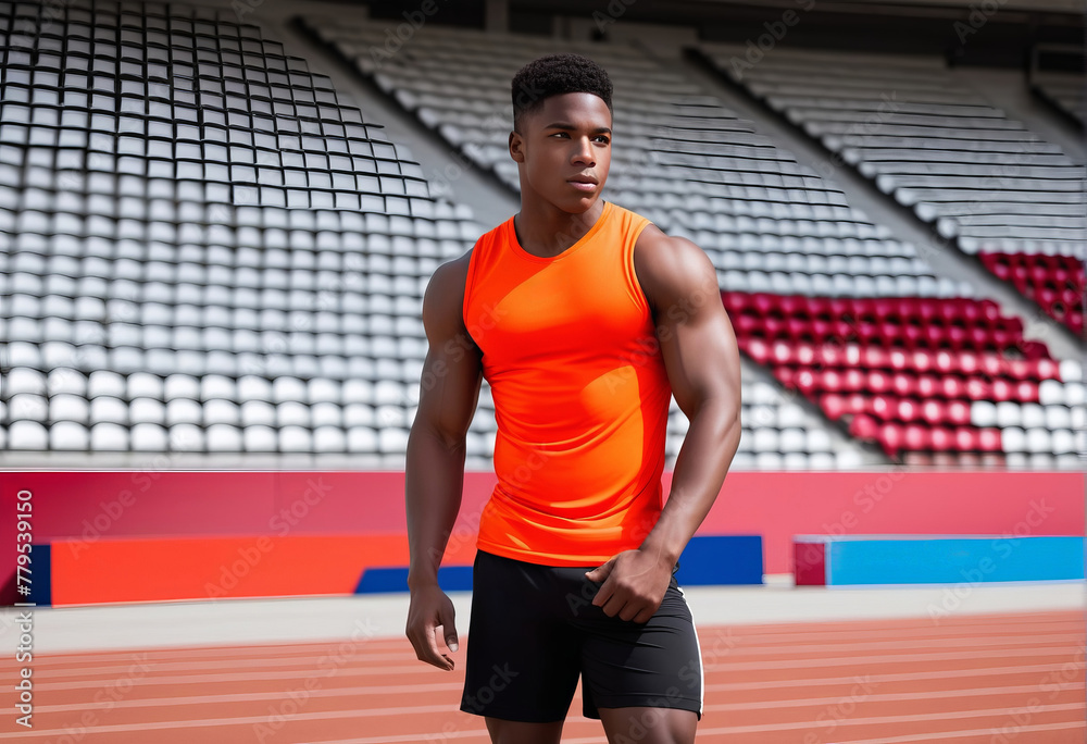 Confident African American male athlete in sportswear posing at the track field, representing concepts of determination, fitness, and track and field athletics