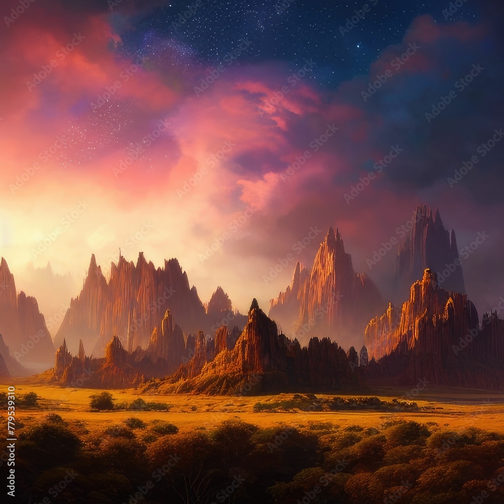 AI-generated illustration of an alien planet with mountains and landscapes and a cloudy sky
