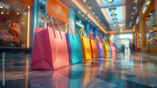 A row of colorful shopping bags are displayed in a store photo