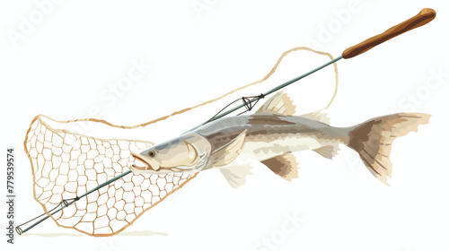Abstract fishing rod and net holding sturgeon. The illustration