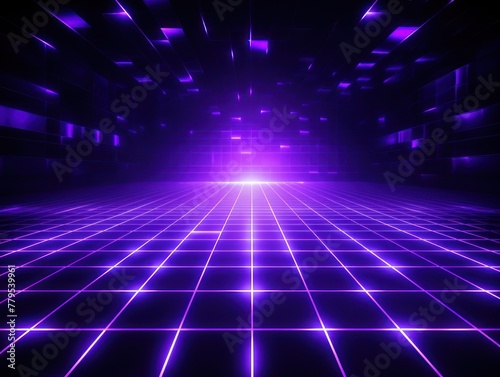 purple light grid on dark background central perspective  futuristic retro style with copy space for design text photo backdrop