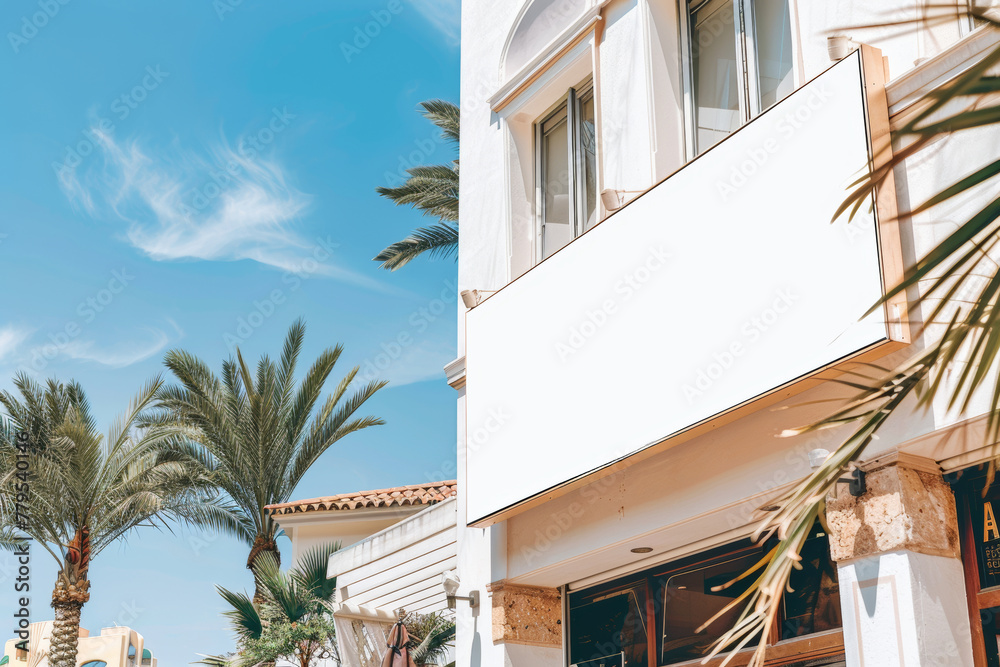 Fototapeta premium Blank store signboard with palm trees in a sunny sky at day