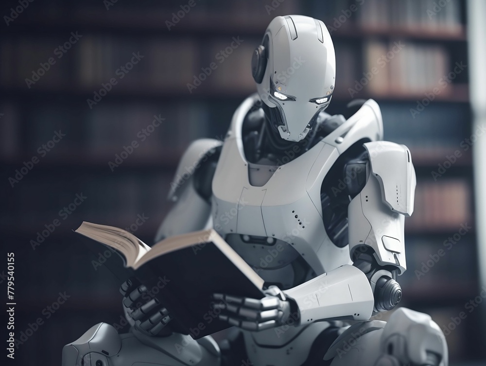 AI generated illustration of an artificial robot sitting in a library chair, reading a book AI generated illustration of an artificial robot sitting in a library chair, reading a book