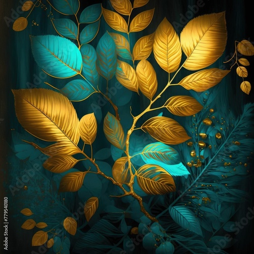 AI generated illustration of golden and turquoise leaves making a beautiful pattern, leaf design