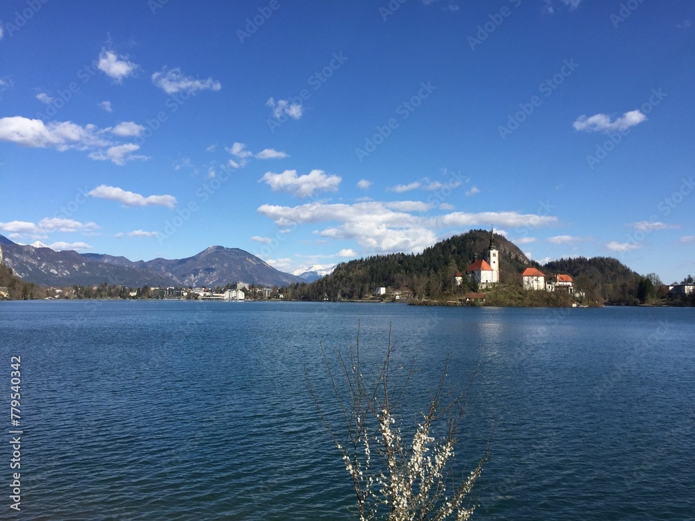 View of Lake Bled with the church in the background. Slovenia.