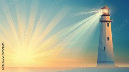 Lighthouse tower with a ray of light. Background with copy space. Vector illustration