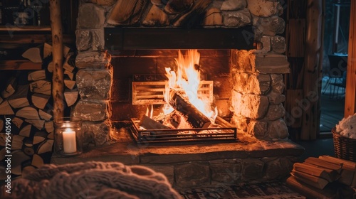 Cozy fireplace with crackling flames AI generated illustration