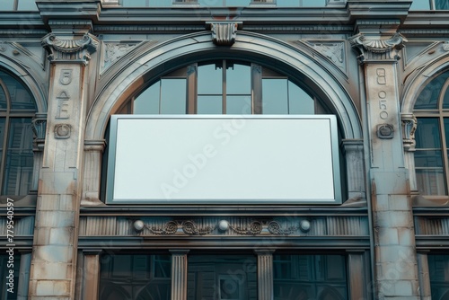 Elegant arched storefront with blank signage space in a classic building facade