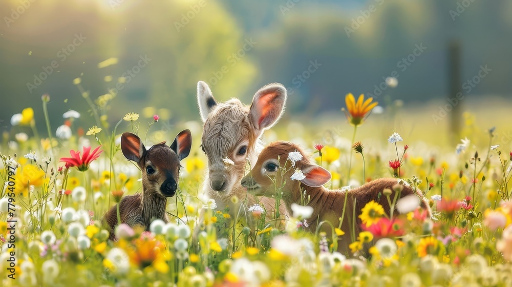 Cute animals playing in a flower-filled meadow  AI generated illustration