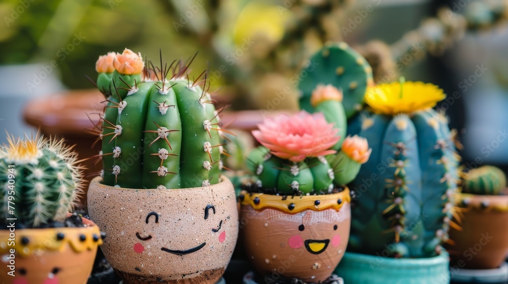 Cute cactus garden with smiling faces  AI generated illustration