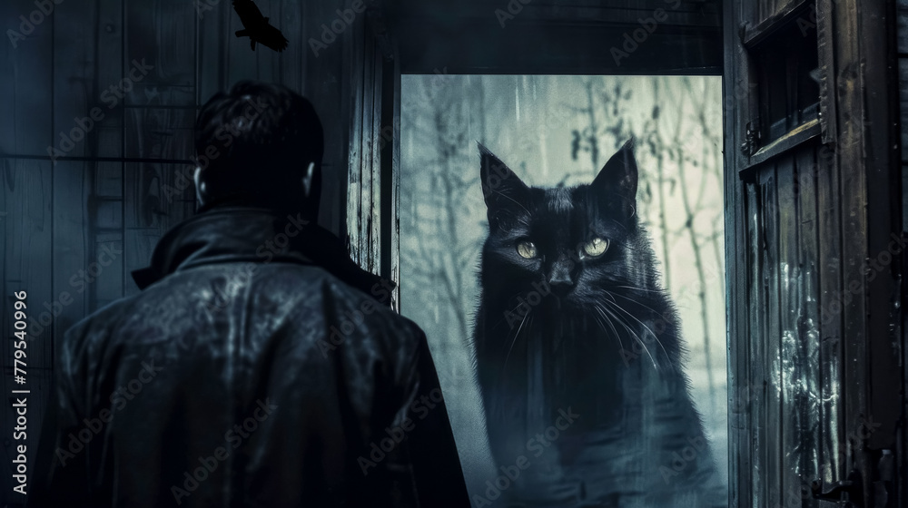Mysterious encounter: man facing a giant cat poster