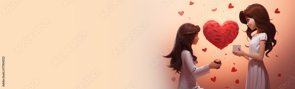 Card for Mother's Day. Mom and daughter give each other a gift on a background of red hearts and hearts.Banner. Copy space for text Card for Mother's Day. Mom and daughter give each other a gift on a background of red hearts and hearts.Banner. Copy space for text