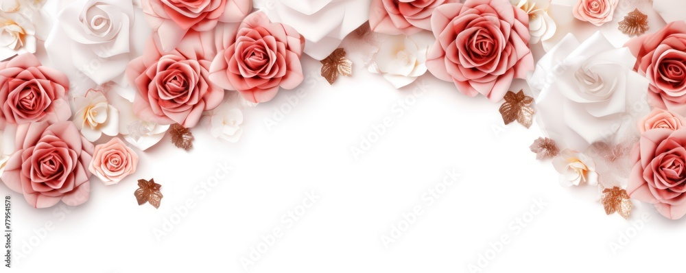 rose stars frame border with blank space in the middle on white background festive concept celebrations backdrop with copy space for text photo or presentation