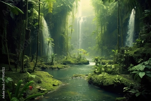 AI generated illustration of a tall stream and waterfall cascading through lush green tropical hills