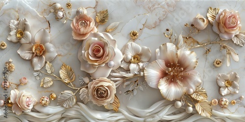 Soft colored marble mural featuring golden flowers on a white background.