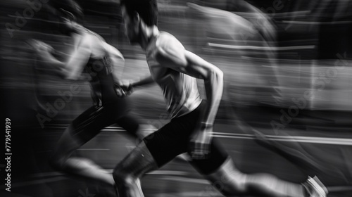 Hazy movement male athletes exchanging baton in relay event.