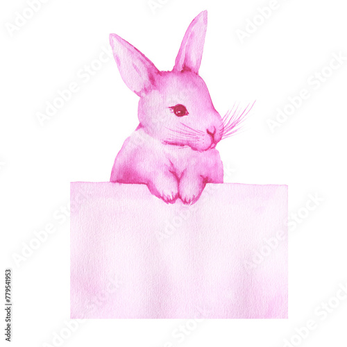 Cute pink bunny holding a sign with copy space for text. Hand drawn watercolor painting illustration isolated on white background