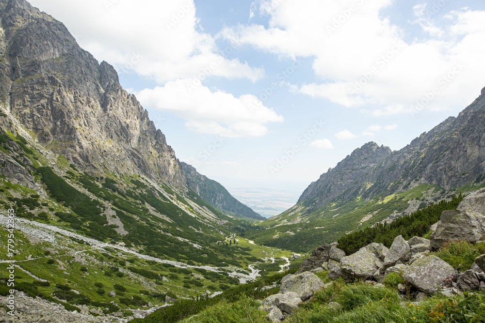 Fototapeta premium Breathtaking view of a green valley surrounded by rocky cliffs in the High Tatras range in Slovakia
