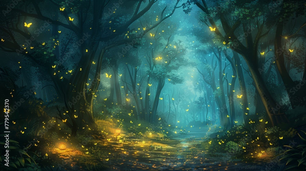 Enchanted forest with glowing fireflies  AI generated illustration