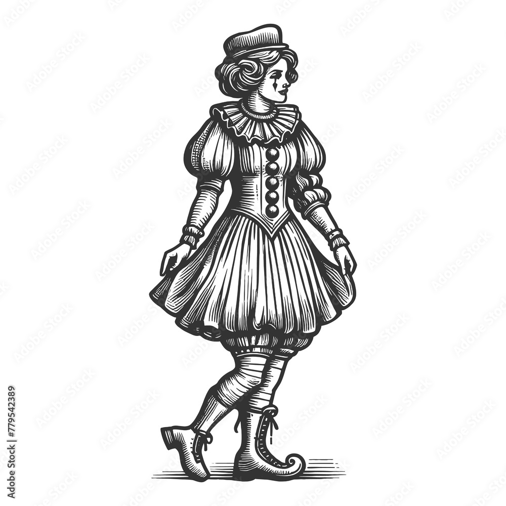 Fototapeta premium vintage pin-up clown girl wearing a corset and stockings, in a classic pose sketch engraving generative ai fictional character raster illustration. Scratch board imitation. Black and white image.