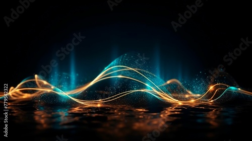 Golden and blue glowing light neon speed wave lines abstract background. AI generative illustration