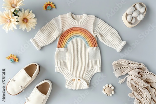 Bohemian style of newborn baby bodysuit with knitted rainbow, onesie, beanie, overalls and shoes. Child flat lay. Neutral colors grey background. Perfect for infant baby outfit fashion collection