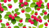 Seamless pattern of vibrant red raspberries with leaves, ideal for summer or healthy eating concepts and food-related designs