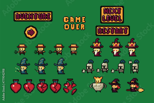 Set of minimalistic pixel art vector objects isolated. Pixel game buttons. Video nostalgic game pixel magic items, digital pixelated lives bar. Heroes and retro icons for games