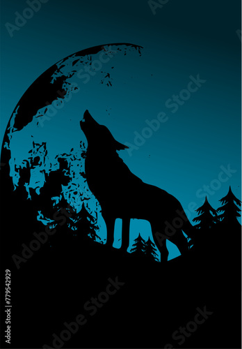 Vektor Silhouette Wolf vor Vollmond in den Wäldern - Design Element - Natur und Mythologie - Poster