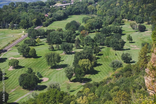 Aerial drone view of a golf course and trees in La Crosse