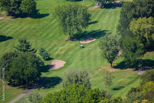 Aerial drone view of a golf course and trees in La Crosse photo
