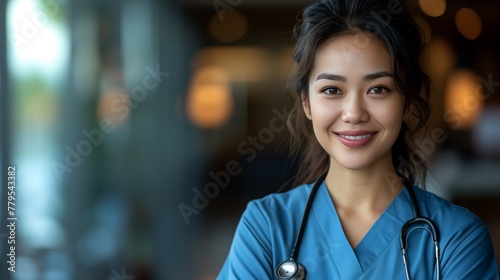 a female nurse wearing scrubs smiles and stands with her arms crossed photo
