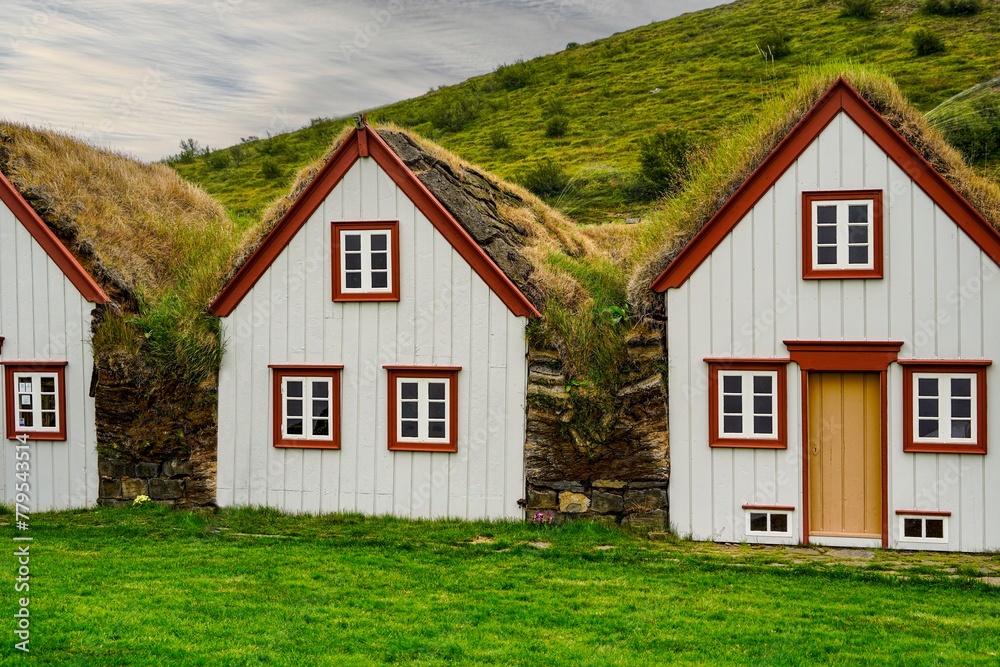 Fototapeta premium Historic Icelandic Turf House with Modern Facade