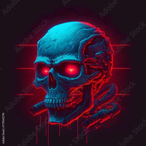 AI generated illustration of a skull emitting red lights from the scary eyes