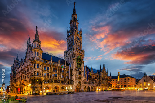 Beautiful view of the Marienplatz square in Munich, Germany, with the new city hall during a colorful sunrise without people