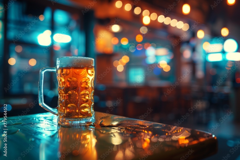 A mug of beer on an empty table. Close-up shot blurred background